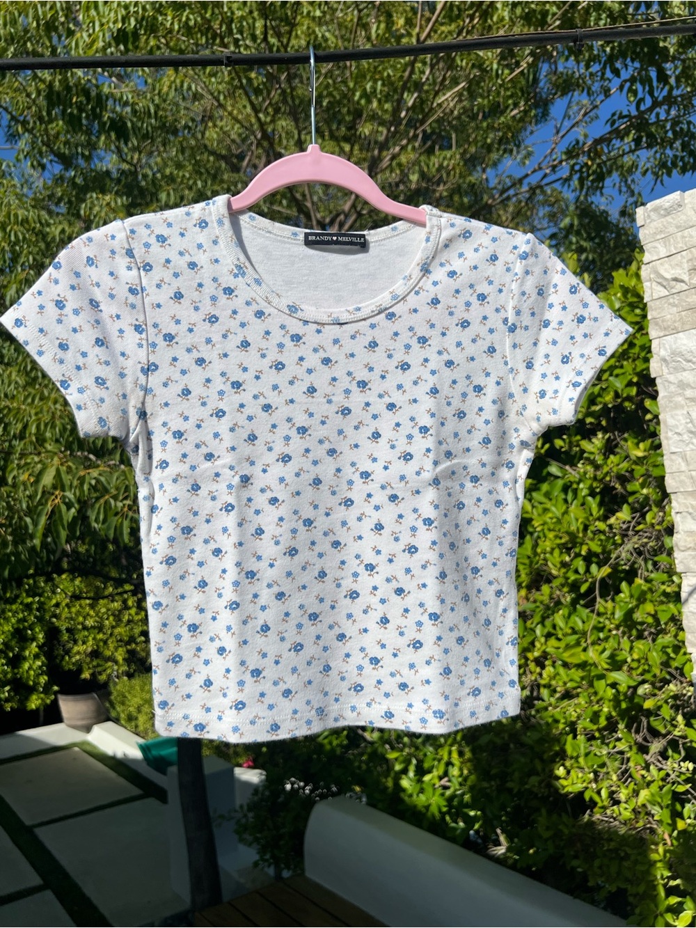 Brandy Melville White Crop Tee with Blue Tiny Floral Print